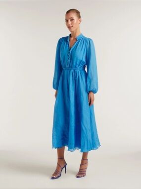 Ever New 100% Ramie Gwen Button Up Dress Size 6 Bright Blue Long Sleeve